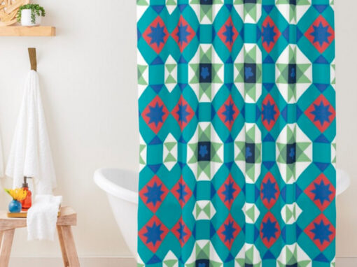 Turquoise and Red Geometric Pattern Shower Curtains