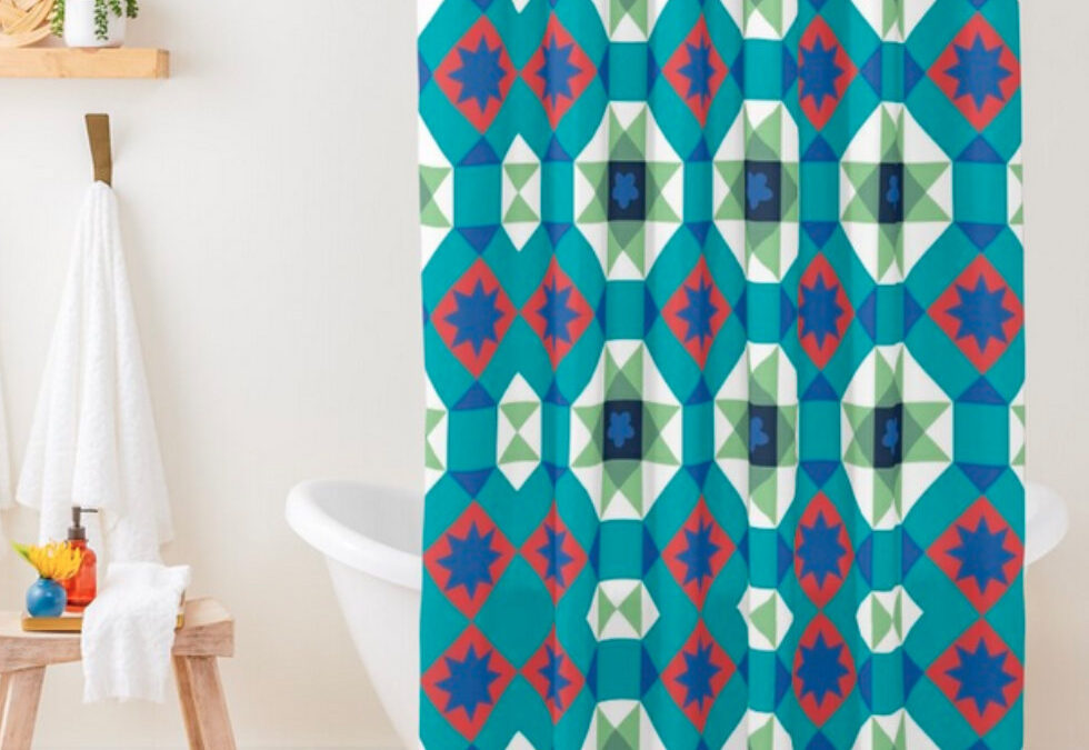 Turquoise and Red Geometric Pattern Shower Curtains