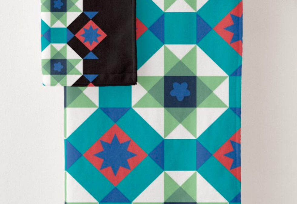 Turquoise and Red Geometric Pattern Towels